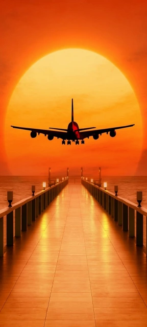 Airplane silhouette sunset pier