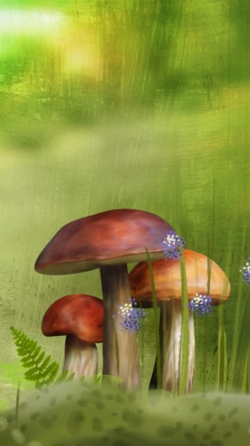 Red Mushrooms and Blue Flowers