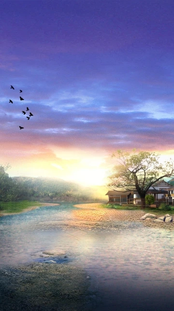 Sunset River Landscape With Birds and Trees