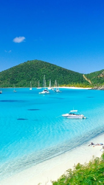 Tropical Beach With Boats and Green Hill