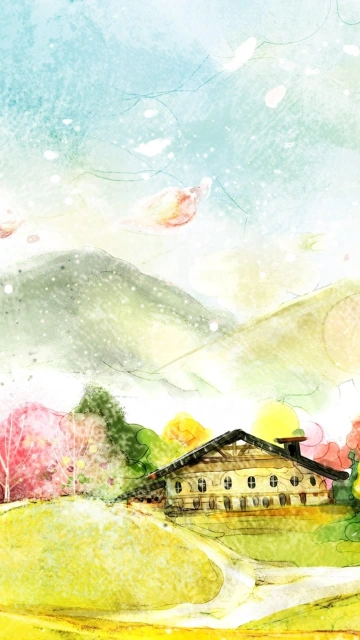 Watercolor Landscape With House