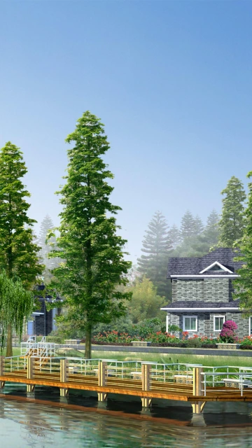 Wooden Dock and House by Water