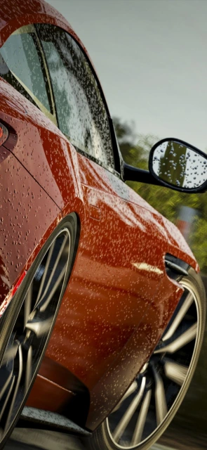 Red Car Side View With Raindrops