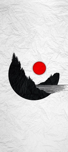 Crumpled Paper With Mountains and Red Sun