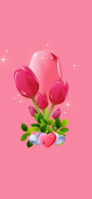 Pink background with tulips and hearts