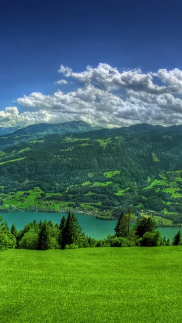 Green Hills and Lake Landscape